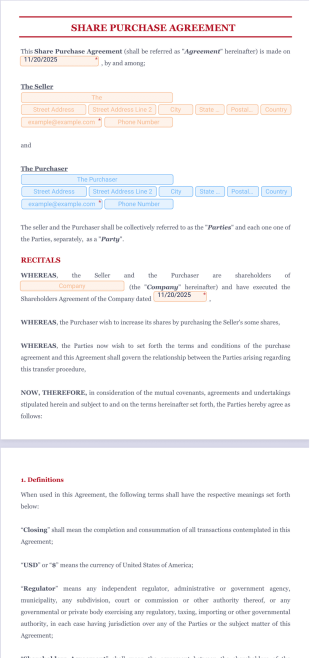 Share (Stock) Purchase Agreement (SPA) - PDF Templates