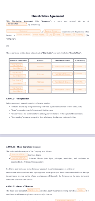 Shareholder Agreement Template - PDF Templates