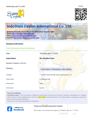 Siam Ceylon Tour Booking PDF Template