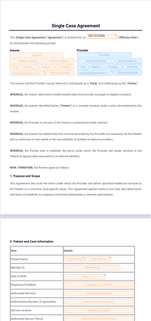 Single Case Agreement Template - PDF Templates
