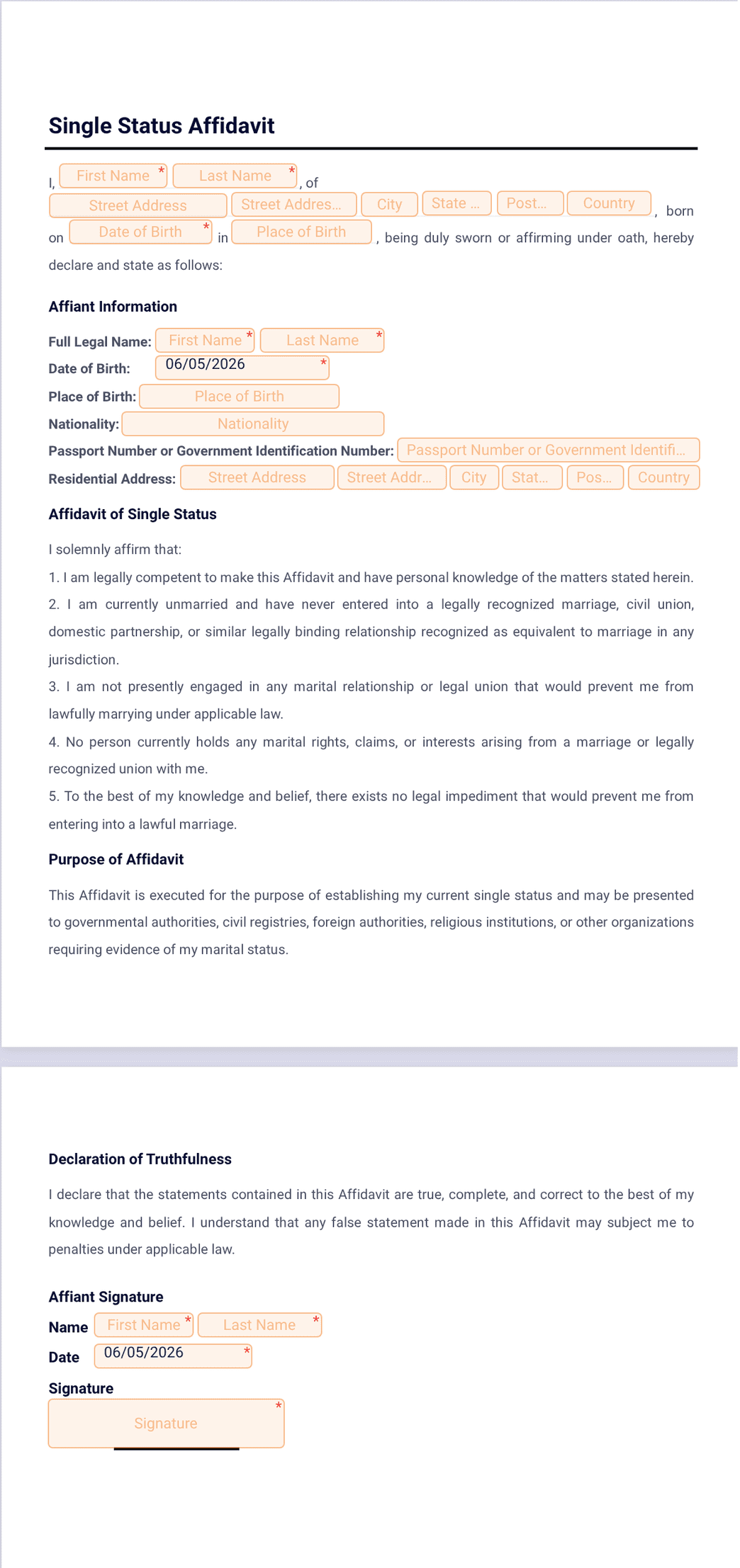 Single Information Single Status Affidavit Template - PDF Templates | Jotform