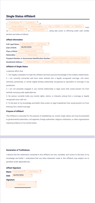 Single Status Affidavit Template - PDF Templates
