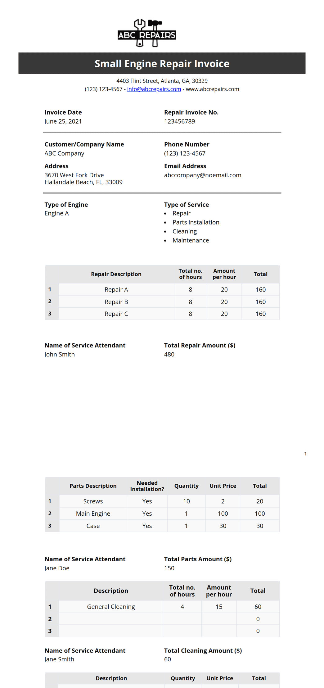 Small Engine Repair Invoice PDF Template | Jotform