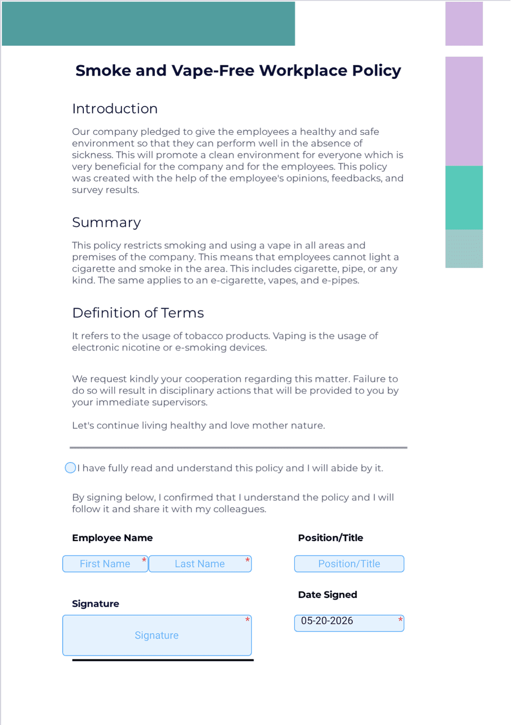 tobacco free workplace policy examples Smoke and Vape-Free Workplace Policy Template - PDF Templates