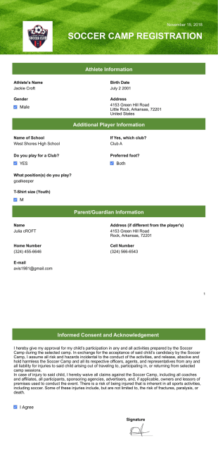 Soccer Camp Registration - PDF Templates