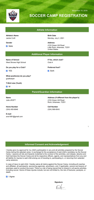 Soccer Camp Registration - PDF Templates