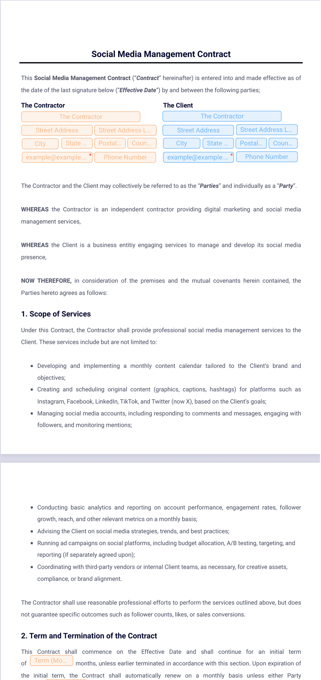 Social Media Management Contract Template PDF Templates Jotform