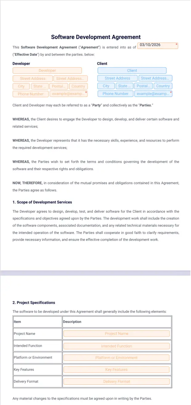 Technology Development Contract Software Development Agreement Template - PDF Templates | Jotform