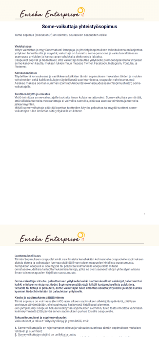 Some-vaikuttajan yhteistyösopimus PDF Pohja