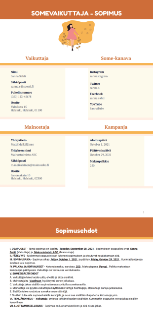 Somevaikuttaja sopimuslomakepohja - PDF Templates