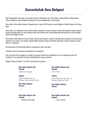 Sorumluluk İbra Formu PDF Şablonu