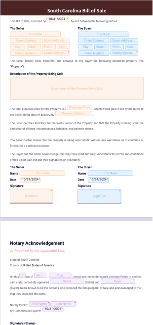 South Carolina Bill of Sale PDF Template