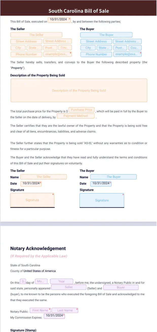 South Carolina Bill of Sale