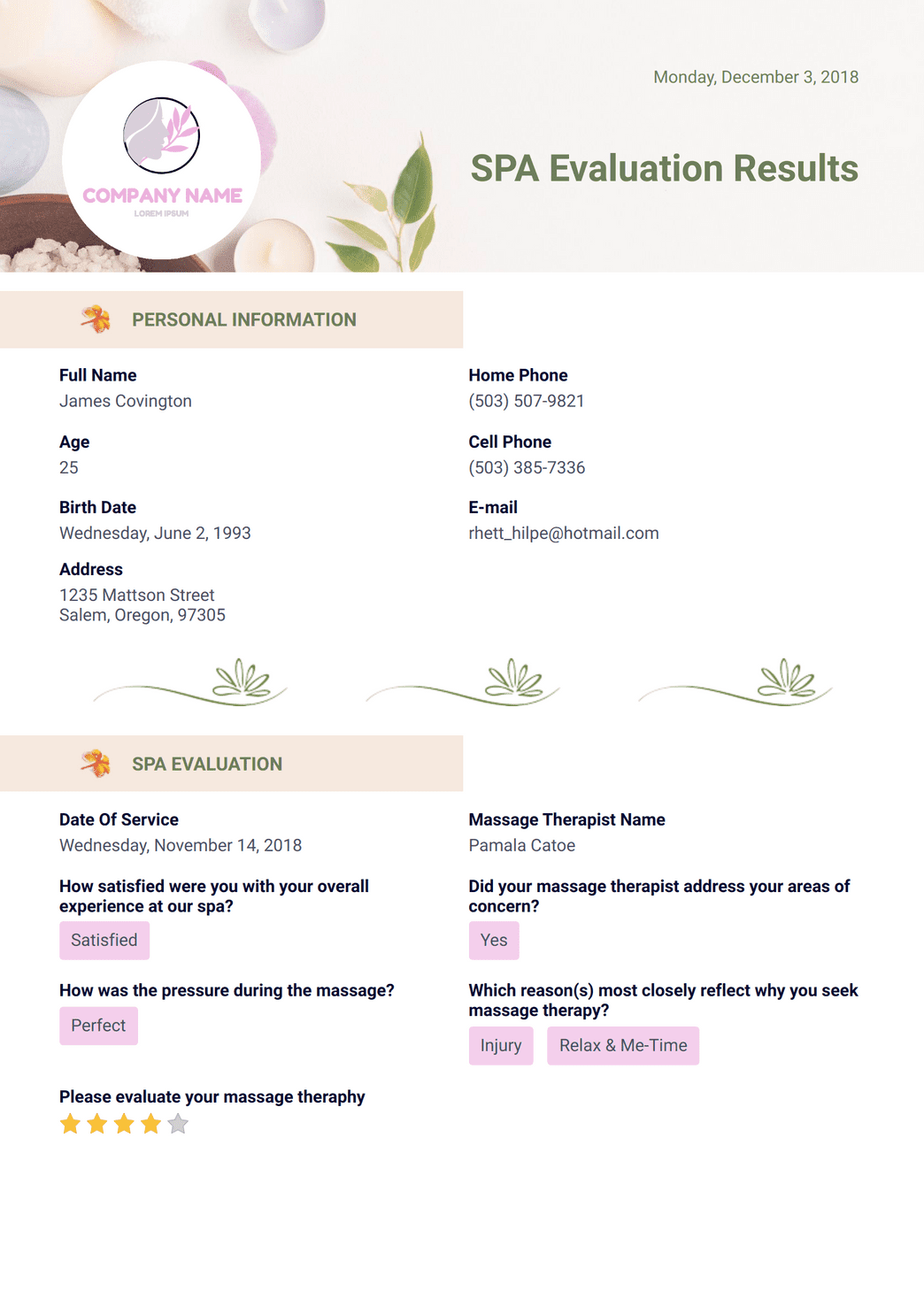 SPA Evaluation Template - PDF Templates | Jotform