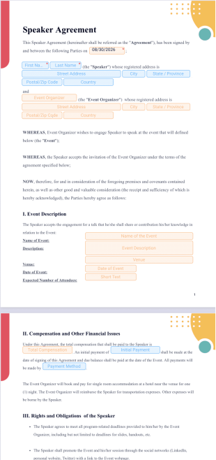 Speaker Agreement Template - PDF Templates