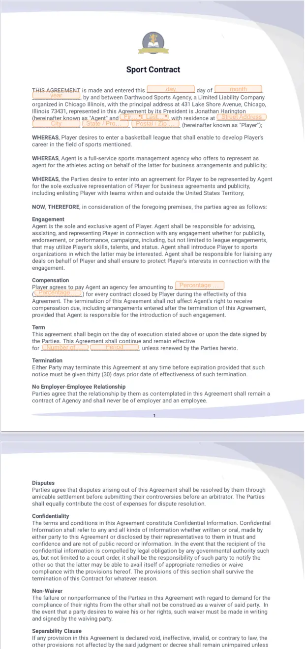 Sporting Guide Service Contract Letter Example Sport Contract Template - PDF Templates | Jotform
