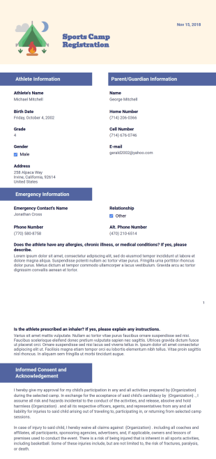 Sports Camp Registration PDF Template