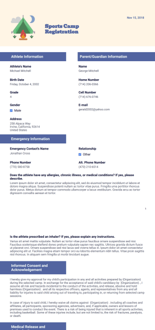 Sports Camp Registration - PDF Templates
