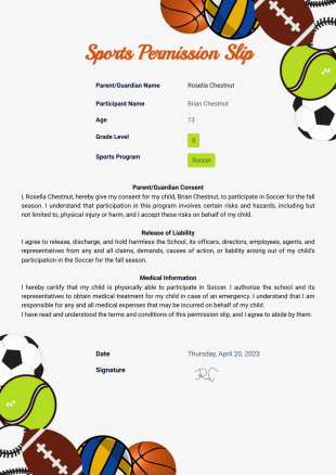 Sports Permission Slip Template - PDF Templates