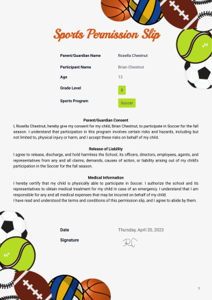 Sports Permission Slip Template - PDF Templates