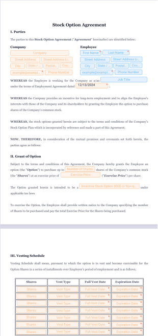 Stock Option Agreement Template - PDF Templates