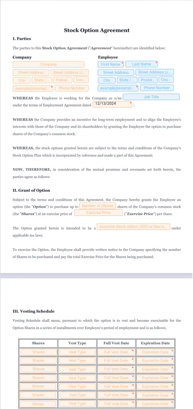 Stock Option Agreement Template - PDF Templates | Jotform
