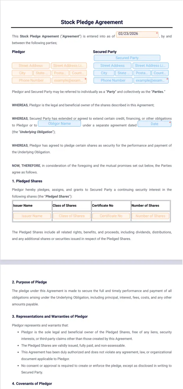 Example Pledge Agile Stock Pledge Agreement PDF Template | Jotform