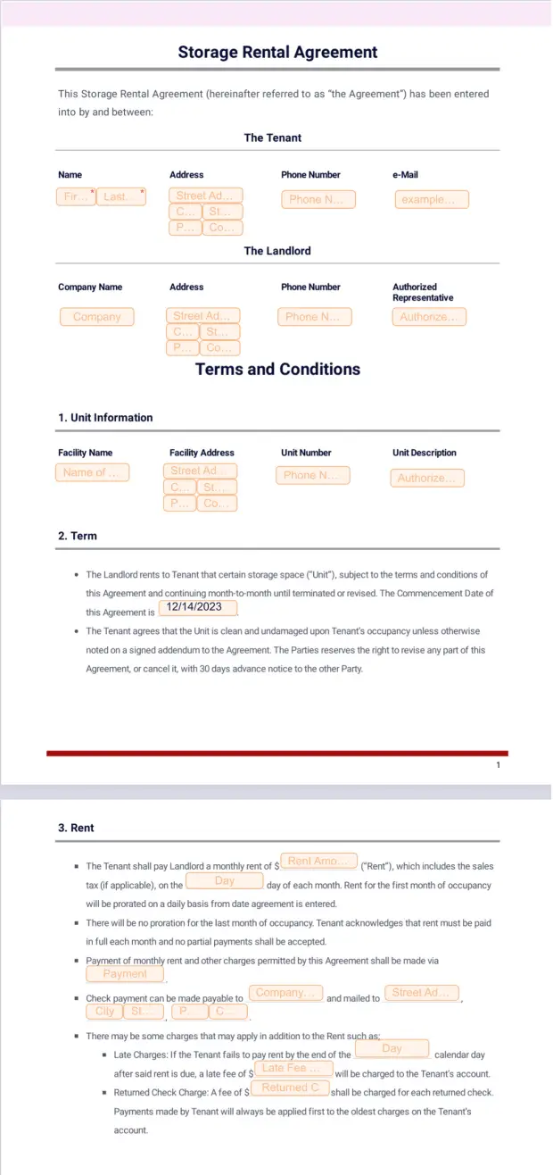 Storage Rental Quotation Storage Rental Agreement PDF Template | Jotform