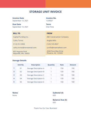 Storage Unit Invoice - PDF Templates