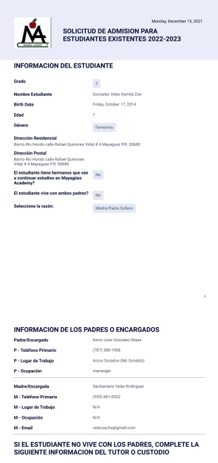 Ma Student Data Sheet Plantilla PDF