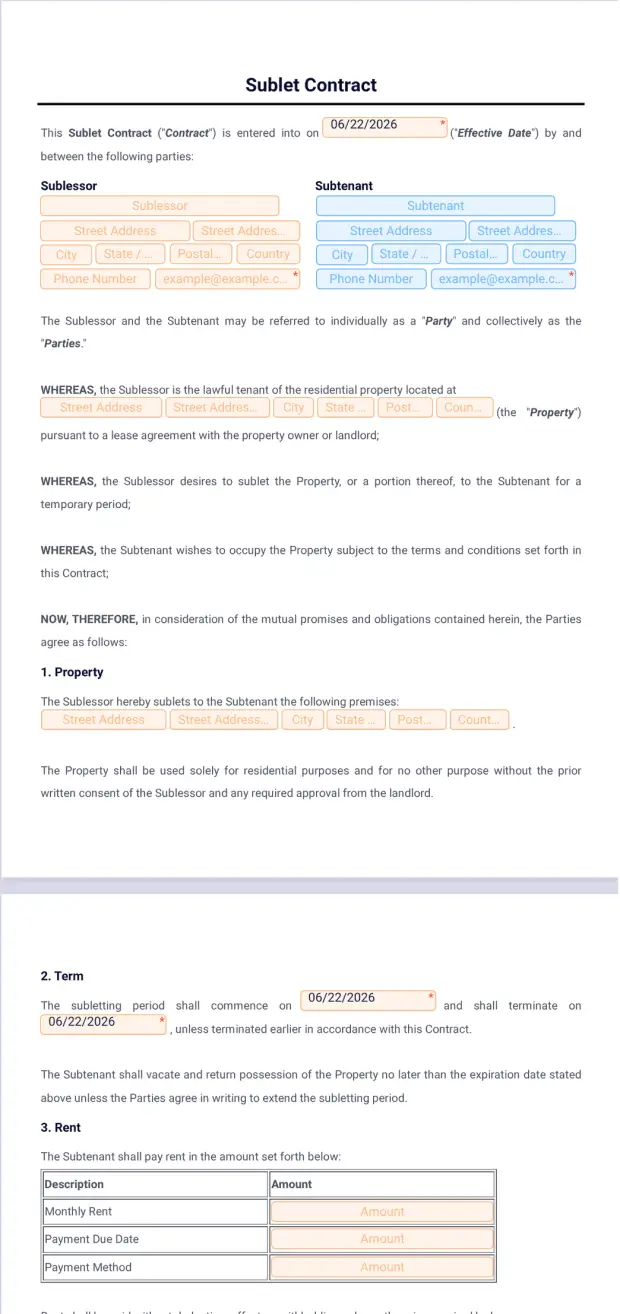 Sublet Contract Template