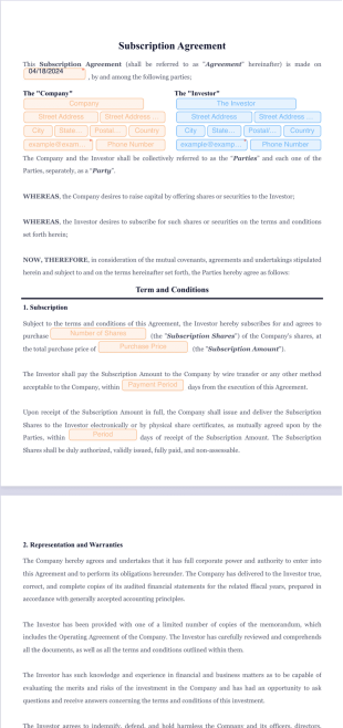 Subscription Agreement Template - PDF Templates