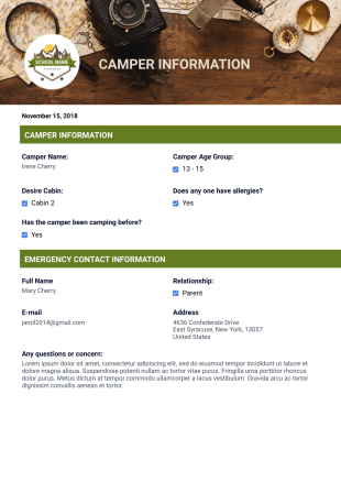 Summer Camp Emergency Contact PDF Template