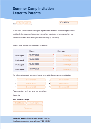 Summer Camp Letter to Parents Template - PDF Templates