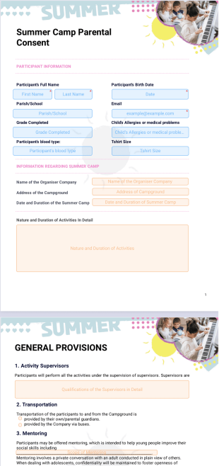 Summer Camp Parental Consent PDF Template
