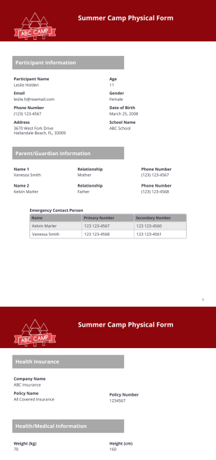 Summer Camp Physical Form PDF Template