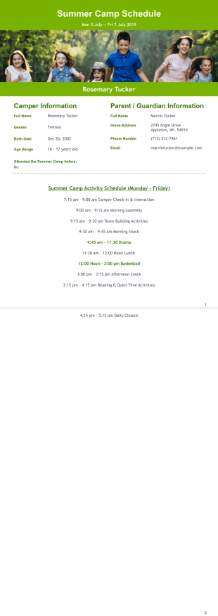 Summer Camp Schedule Template - PDF Templates