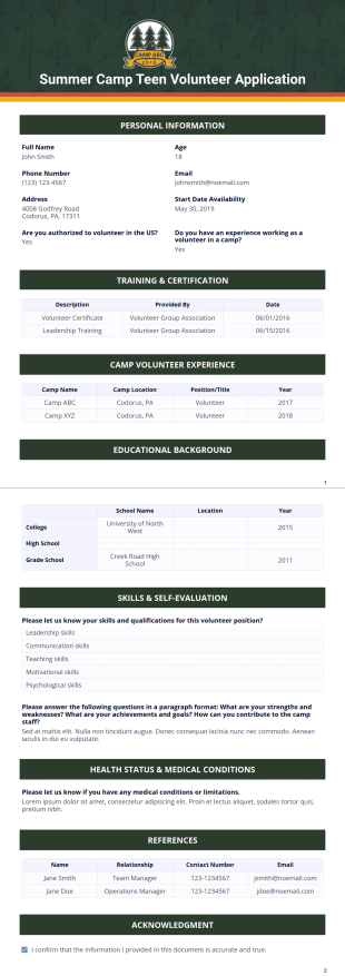 Summer Camp Teen Volunteer Application Template - PDF Templates