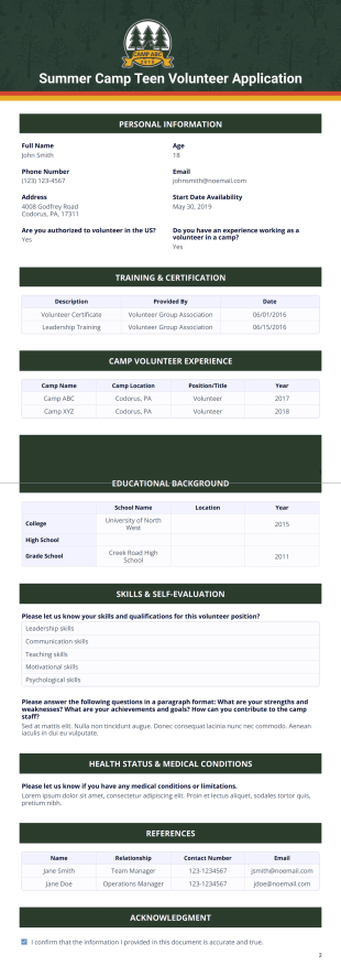 Summer Camp Teen Volunteer Application Template - PDF Templates