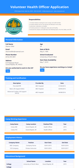 Summer Camp Volunteer Health Officer Application Template - PDF Templates