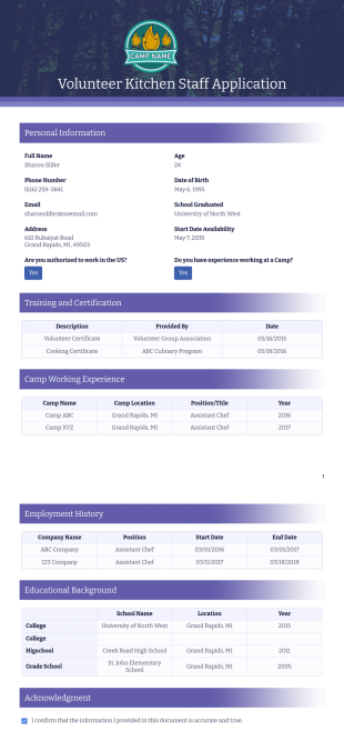 Summer Camp Volunteer Kitchen Staff Application Template - PDF Templates