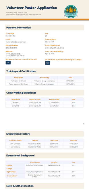 Summer Camp Volunteer Pastor Application Template - PDF Templates