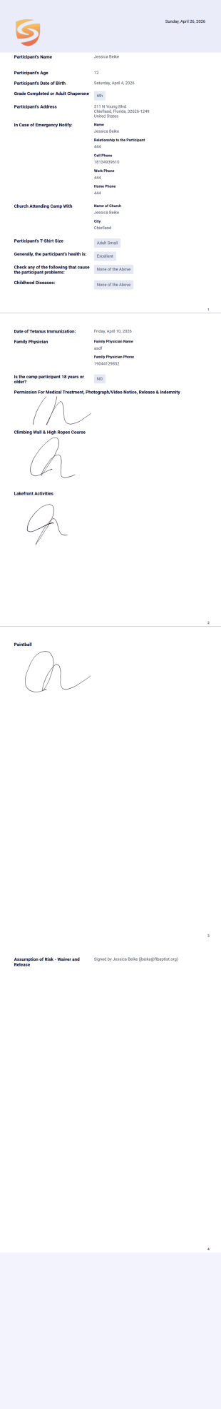 Super Summer Youth 2026 Waiver PDF Template