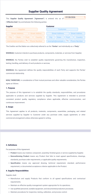 Supplier Quality Agreement Template - PDF Templates