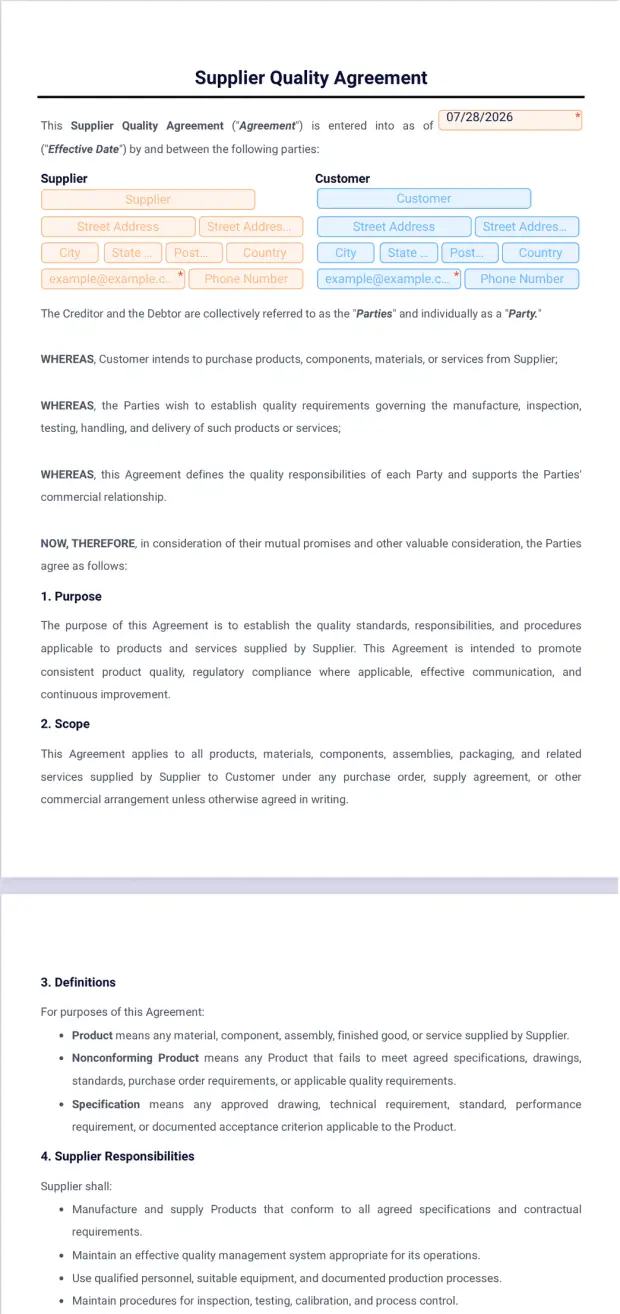 Supplier Quality Agreement Template