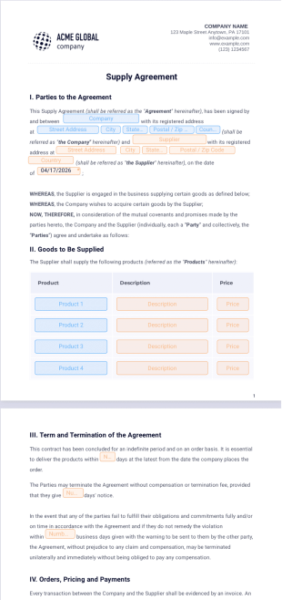 Supply Agreement PDF Template