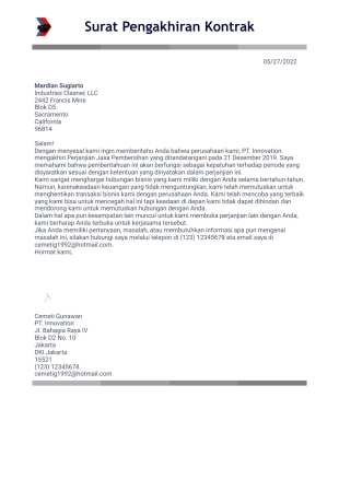 Surat Pemutusan Kontrak Template PDF