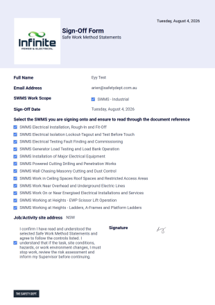SWMS Sign-off Form PDF Template