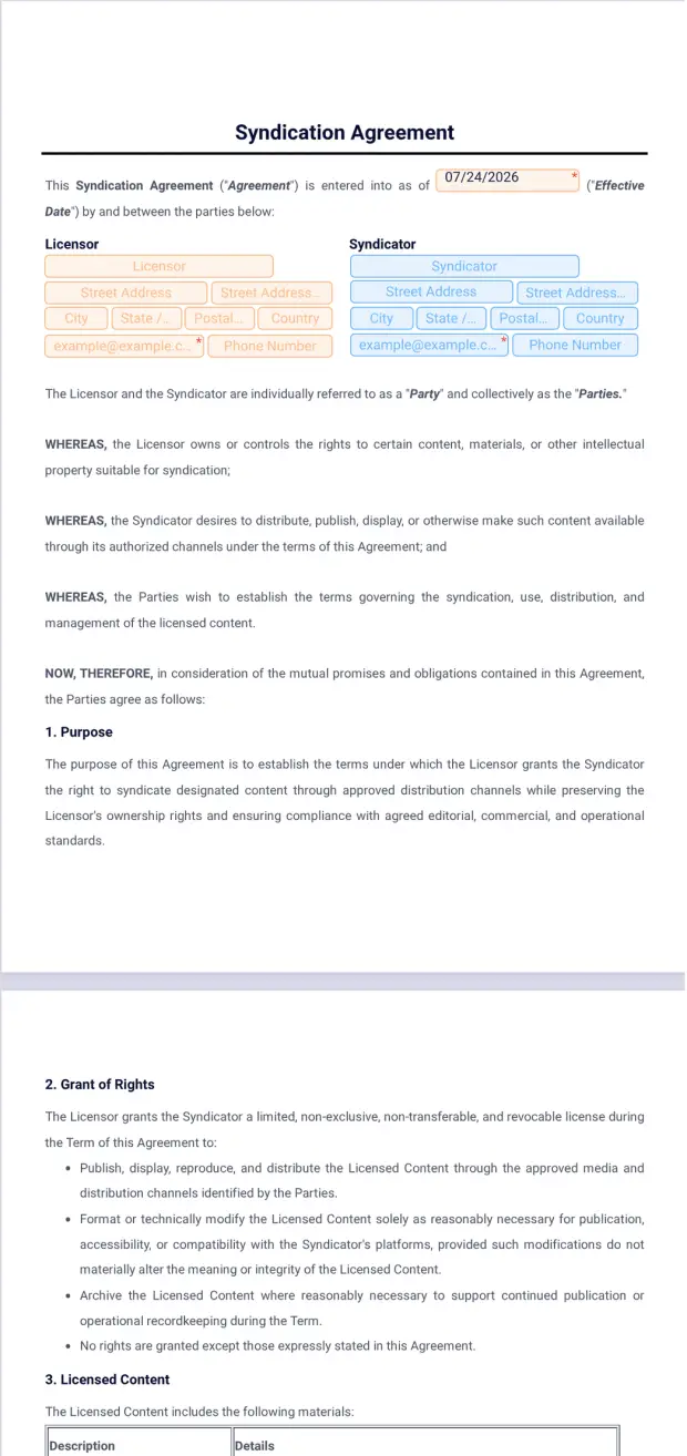 Syndication Agreement Template