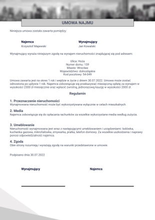 Szablon Jednostronicowej Umowy Najmu - PDF Templates